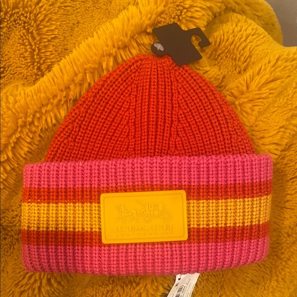 Unisex varsity wool blend Coach Pink and Orange Striped Knit beanie Hat OS - Picture 4 of 9